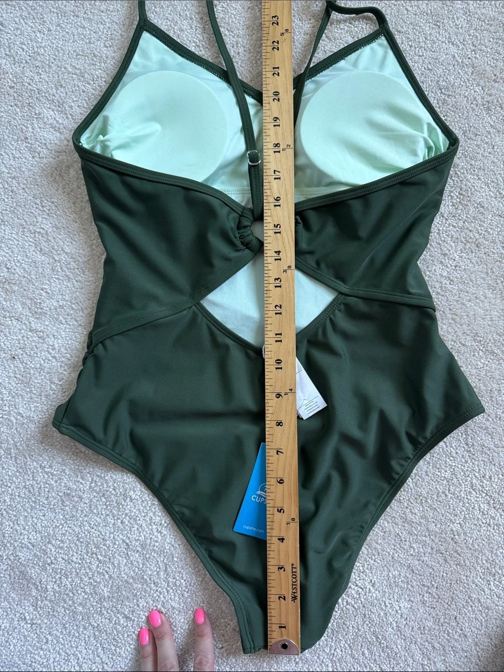 NWT Cupshe Olive Green One-Piece Swimsuit Sz Med Open Back Boho Vacation Preppy